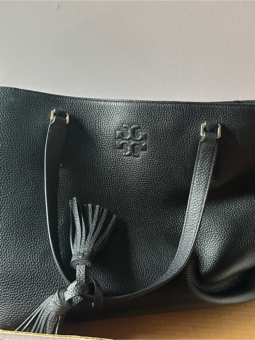 Tory Burch Black Pebbled Leather Tote with Tassel